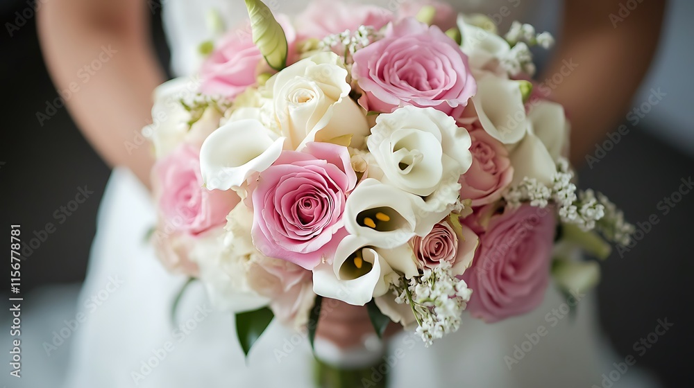 Close-up Photo: Exquisitely Crafted Wedding Bouquet of Pink and White Roses. AI Generated Close-up Photo: Exquisitely Crafted Wedding Bouquet of Pink and White Roses. AI Generated