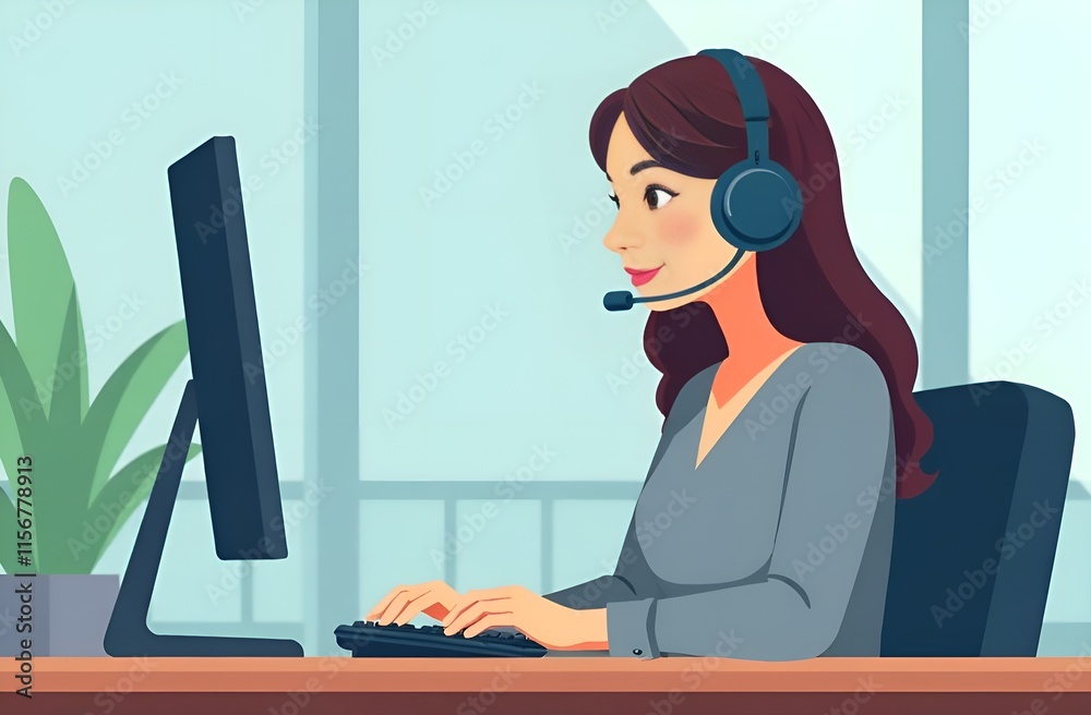 A woman is sitting in front of a computer while wearing a headset.