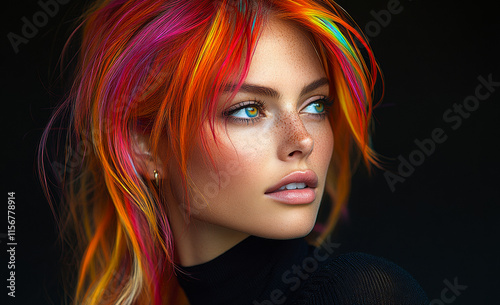 A woman with bright orange hair and green eyes. She is wearing a black shirt and a necklace photo
