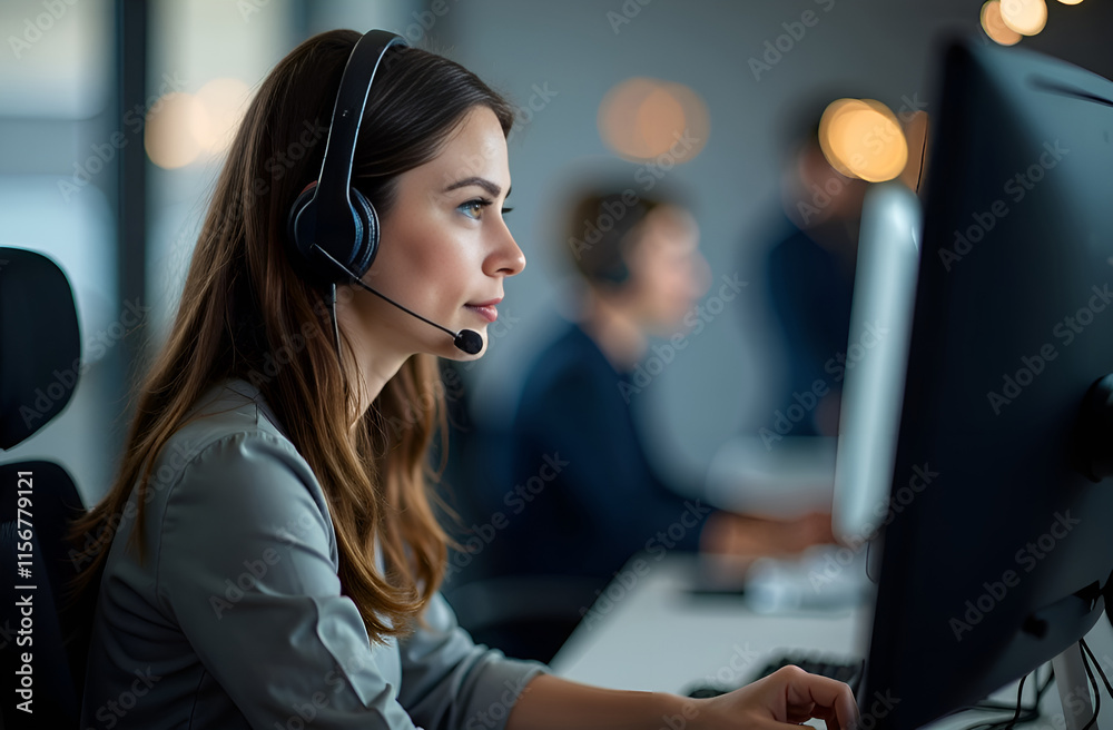 A woman is sitting in front of a computer while wearing a headset.
