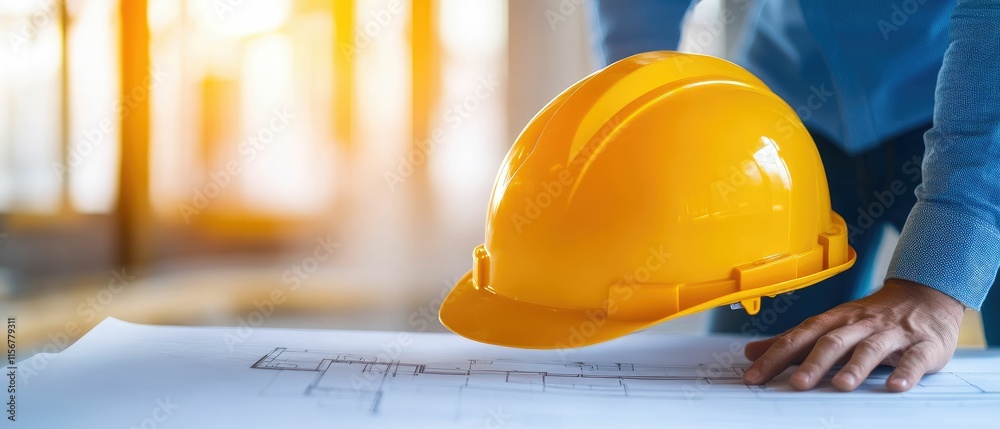Yellow hardhat rests on blueprints; engineer's hand is visible. Yellow hardhat rests on blueprints; engineer's hand is visible.