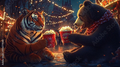 A tiger and a bear sharing popcorn at a New Year s party in a glowing amusement park photo