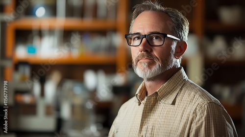 Close-up Photo: Thoughtful Scientist Gazes Pensively in Laboratory Setting. AI Generated