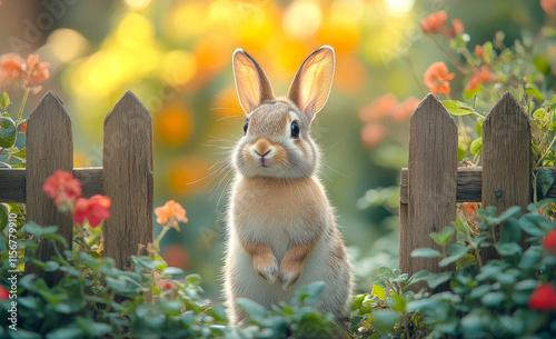 A rabbit is standing in front of a wooden fence with flowers in the background. The rabbit is curious and is looking at the camera. The scene has a peaceful and calm mood