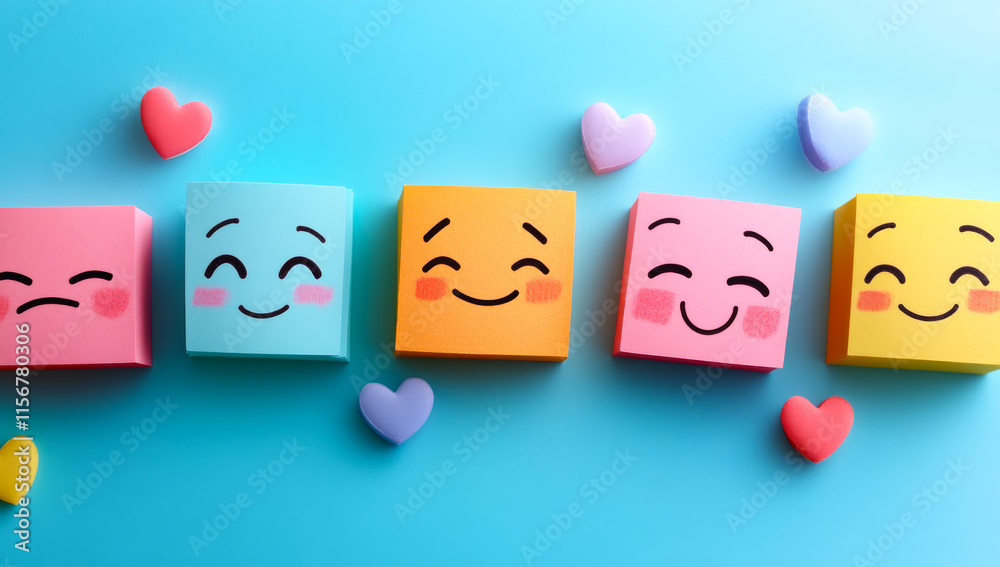 A row of colorful blocks with smiling faces and hearts in the background. Scene is happy and cheerful A row of colorful blocks with smiling faces and hearts in the background. Scene is happy and cheerful