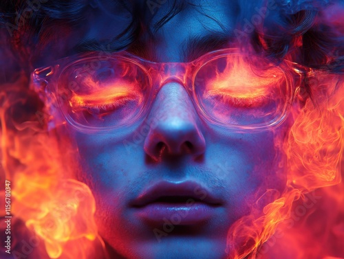 Vivid illustration of a person with closed eyes surrounded by vibrant flames, creating a surreal and intense visual experience.