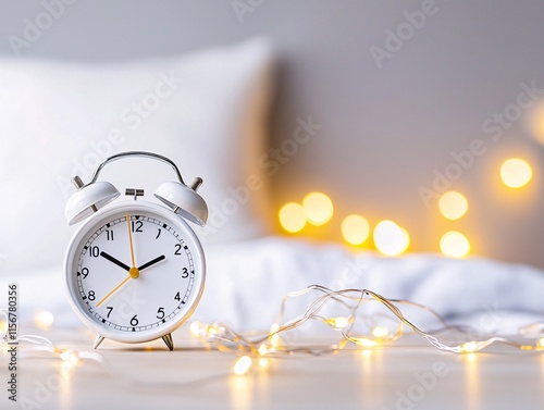 A heart-shaped alarm clock on a nightstand, surrounded by fairy lights, symbolizing waking up to love photo