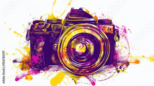 Colorful abstract illustration of a vintage camera with paint splatters.