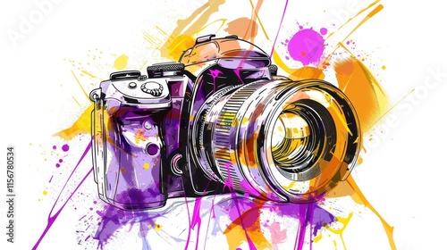 Colorful DSLR camera splash art.