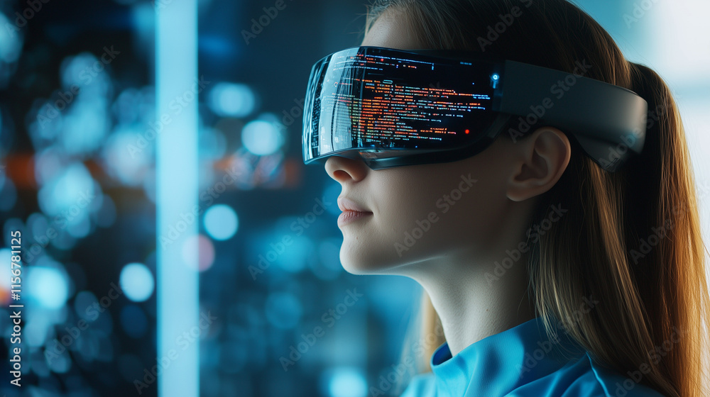 Female IT Specialist Analyzing Code and Data Exploring Cybersecurity and Artificial Intelligence with Augmented Reality Female IT Specialist Analyzing Code and Data Exploring Cybersecurity and Artificial Intelligence with Augmented Reality