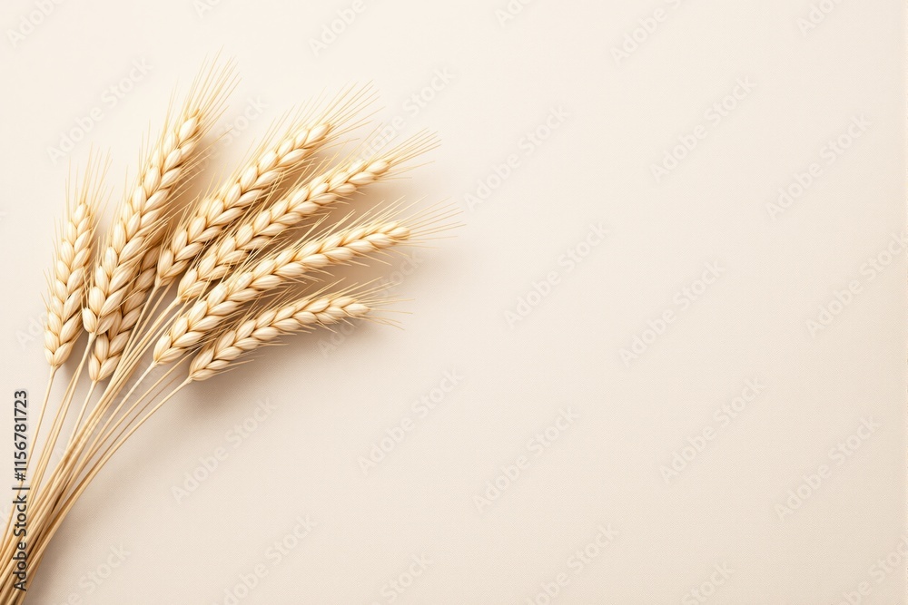 Fototapeta premium Golden wheat sprigs placed on a beige background, with ample empty space for text or design, illustrating a concept of natural harvest and minimalism. Ai generative