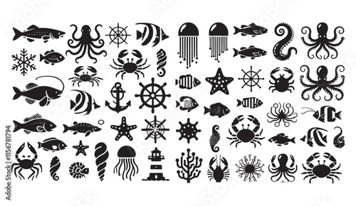 collection of marine-inspired black silhouettes, featuring sea creatures, nautical symbols, and aquatic elements, perfect for creative designs and projects