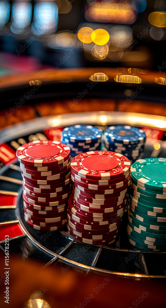 A pile of poker chips on a table. The chips are red, green, and blue. The table is surrounded by a dark background A pile of poker chips on a table. The chips are red, green, and blue. The table is surrounded by a dark background