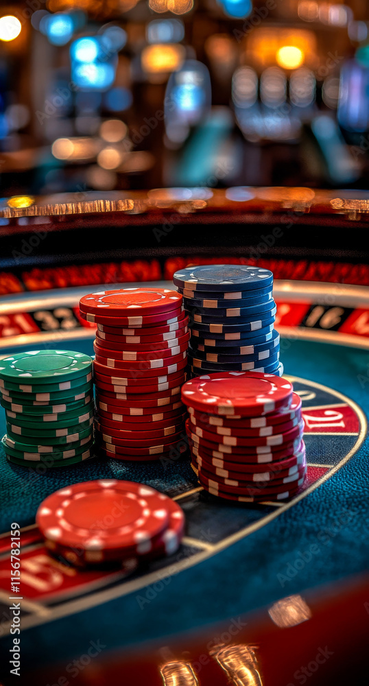 A pile of poker chips on a table. The chips are red, blue, and green. The table is surrounded by chairs A pile of poker chips on a table. The chips are red, blue, and green. The table is surrounded by chairs