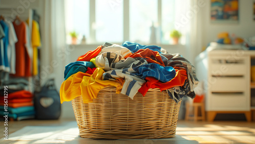 A basket full of clothes is sitting on the floor in a room. The clothes are all different colors and styles, and they are piled up in a way that makes it look like a mess photo