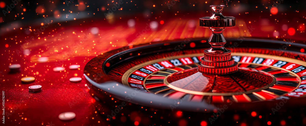 A red and black roulette wheel is placed on a red table. The table is covered in red and black chips, giving the impression of a lively casino scene A red and black roulette wheel is placed on a red table. The table is covered in red and black chips, giving the impression of a lively casino scene