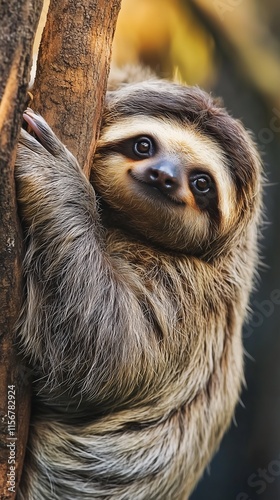 Adorable sloth clinging to a tree, showcasing its calm expression and textured fur. photo