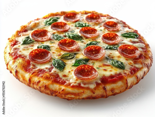 A close-up image of a delicious pepperoni pizza with vibrant toppings and a golden crust, set against a white background. photo