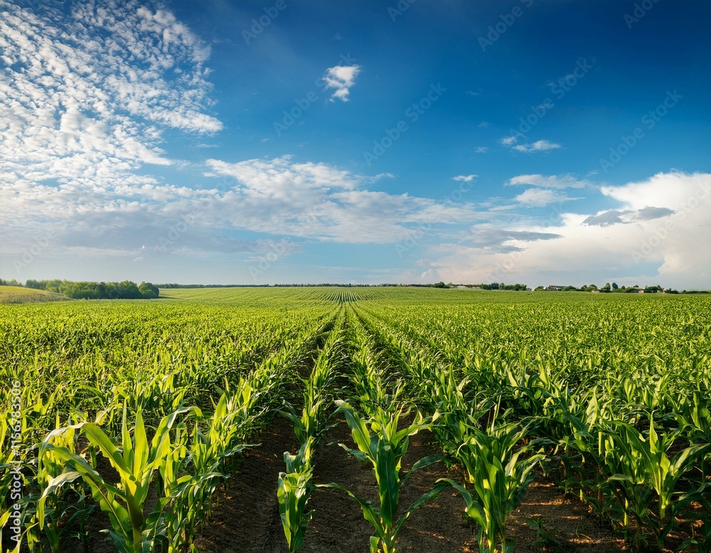 Green corn maize plants on a field. Agricultural landscape Green corn maize plants on a field. Agricultural landscape