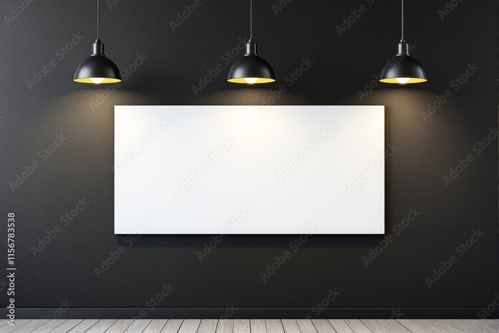 Blank white canvas displayed under three glowing pendant lights on a dark textured wall with wooden flooring. Concept of a design mockup space. Ai generative. Blank white canvas displayed under three glowing pendant lights on a dark textured wall with wooden flooring. Concept of a design mockup space. Ai generative.