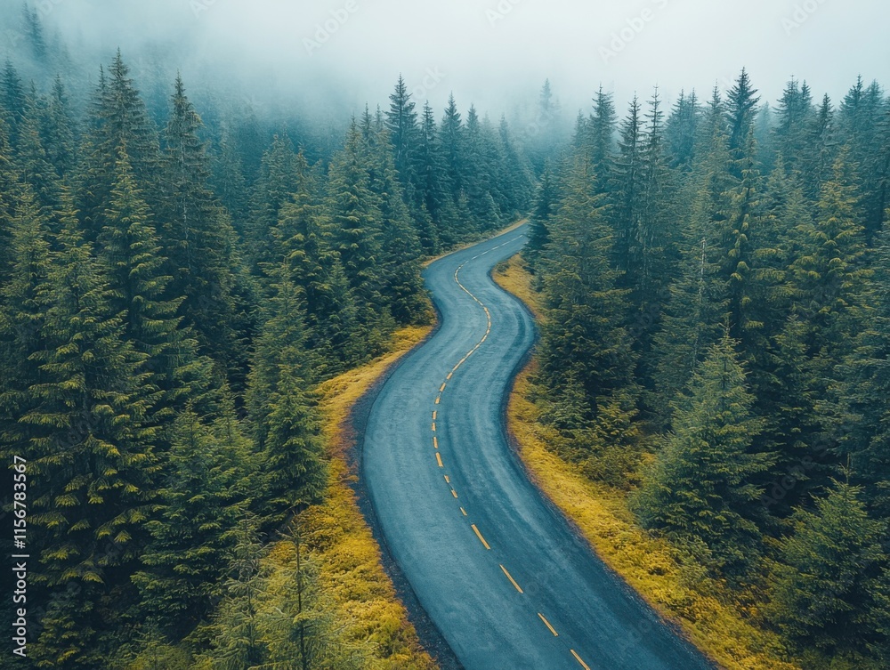 A winding road cuts through a dense, dark green forest, surrounded by misty, atmospheric conditions, creating a serene and mysterious scene. A winding road cuts through a dense, dark green forest, surrounded by misty, atmospheric conditions, creating a serene and mysterious scene.