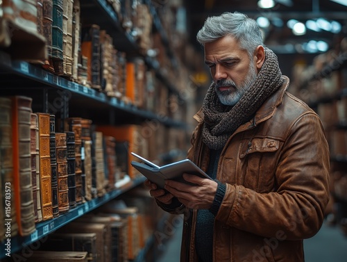 A middle-aged man wearing a scarf and leather jacket reads a book in a dimly lit warehouse filled with old books, creating a vintage and scholarly atmosphere.