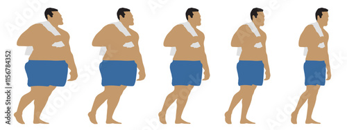 Conceptual fat overweight obese man vs slim fit healthy body after weight loss or diet, white background banner. A  fitness, nutrition or obesity, health care shape illustration vector as silhouettes