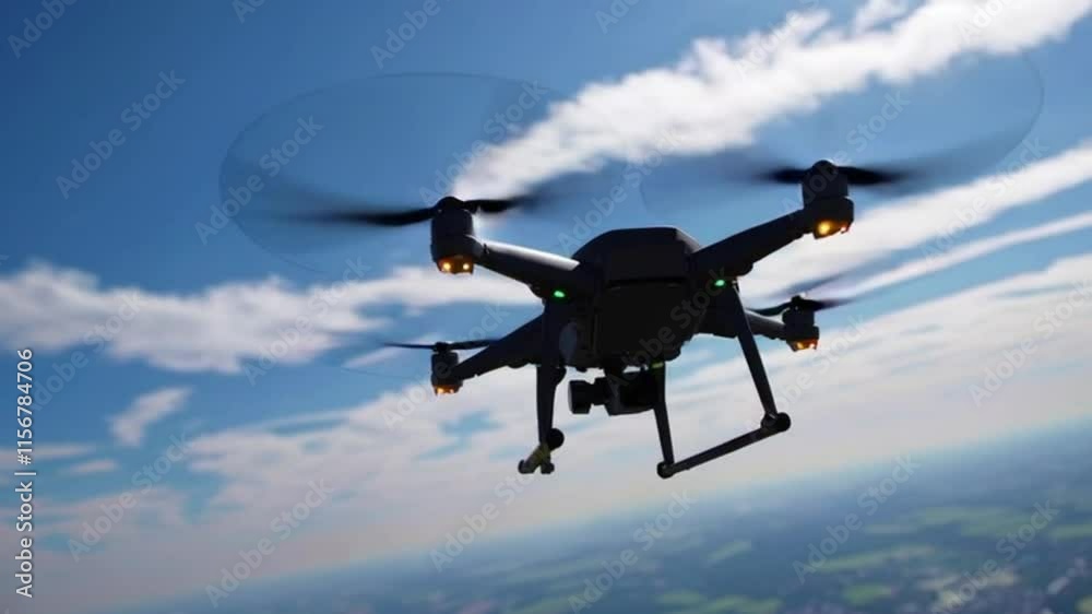 sleek quadcopter drone flying against a clear blue sky, with its propellers spinning rapidly and lights glowing on each rotor, showcasing advanced aerial technology and modern design