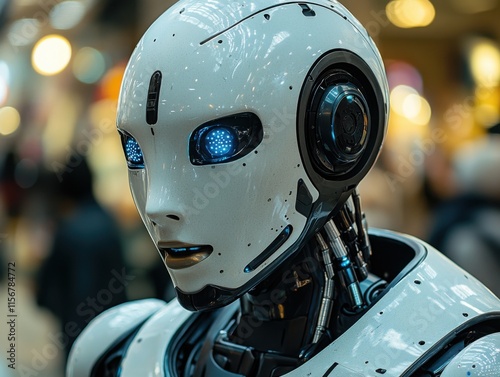 A futuristic humanoid robot with illuminated eyes appears in a bustling environment, showcasing advanced technology and AI integration.