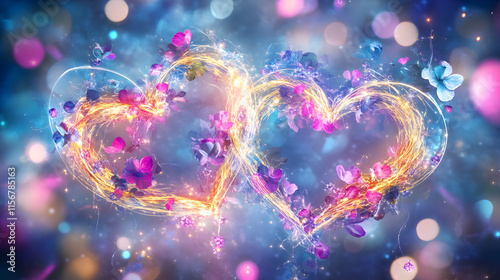 Romantic hearts with flowers and lights digital art colorful background magical atmosphere heartfelt concept