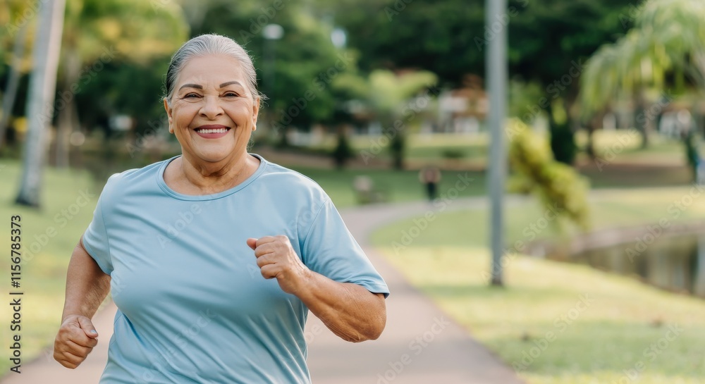Active elderly hispanic woman enjoying a morning jog in a scenic park setting