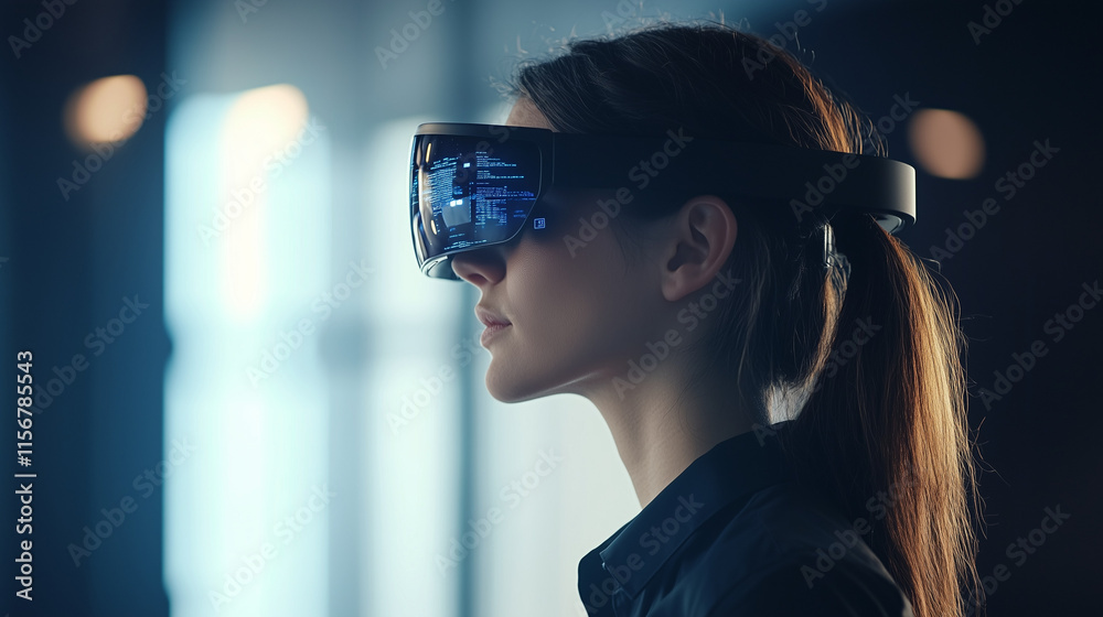 Female IT Specialist Analyzing Code and Data Exploring Cybersecurity and Artificial Intelligence with Augmented Reality Female IT Specialist Analyzing Code and Data Exploring Cybersecurity and Artificial Intelligence with Augmented Reality