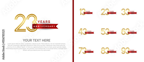 logo anniversary set. gold color with red ribbon on white background for special event