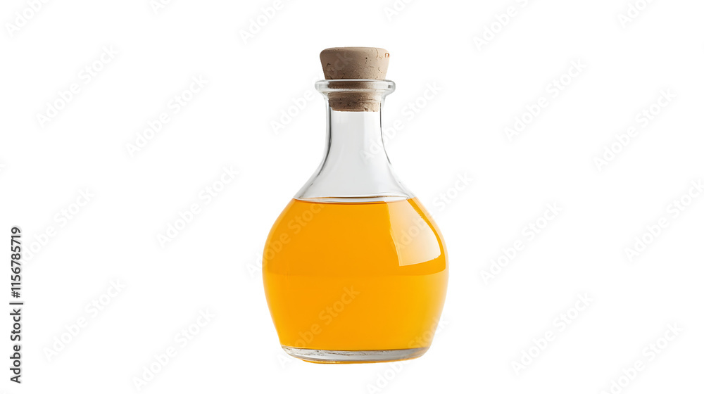 A glass bottle filled with yellow liquid, likely an oil or condiment isolated on a white background, png transparent A glass bottle filled with yellow liquid, likely an oil or condiment isolated on a white background, png transparent