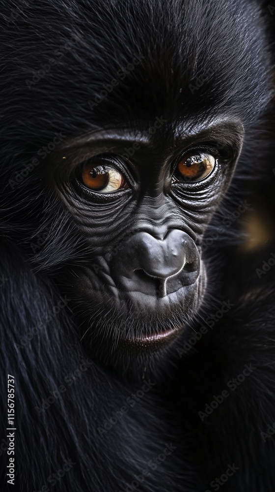 Obraz premium Close-up of a young gorilla with curious eyes, highlighting its expressive and delicate features.