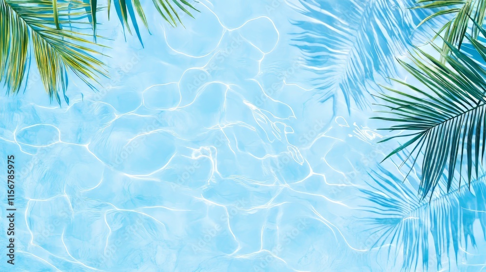 A transparent, wavy water surface with a palm leaf's shadow on the sand at the beach on a sunny summer day, creating an abstract and idyllic vacation scene from above, with room for text. A transparent, wavy water surface with a palm leaf's shadow on the sand at the beach on a sunny summer day, creating an abstract and idyllic vacation scene from above, with room for text.