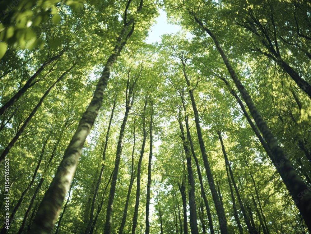A serene view from the forest floor looking up at tall trees with lush green leaves and a clear blue sky, evoking a sense of tranquility and nature's grandeur. A serene view from the forest floor looking up at tall trees with lush green leaves and a clear blue sky, evoking a sense of tranquility and nature's grandeur.