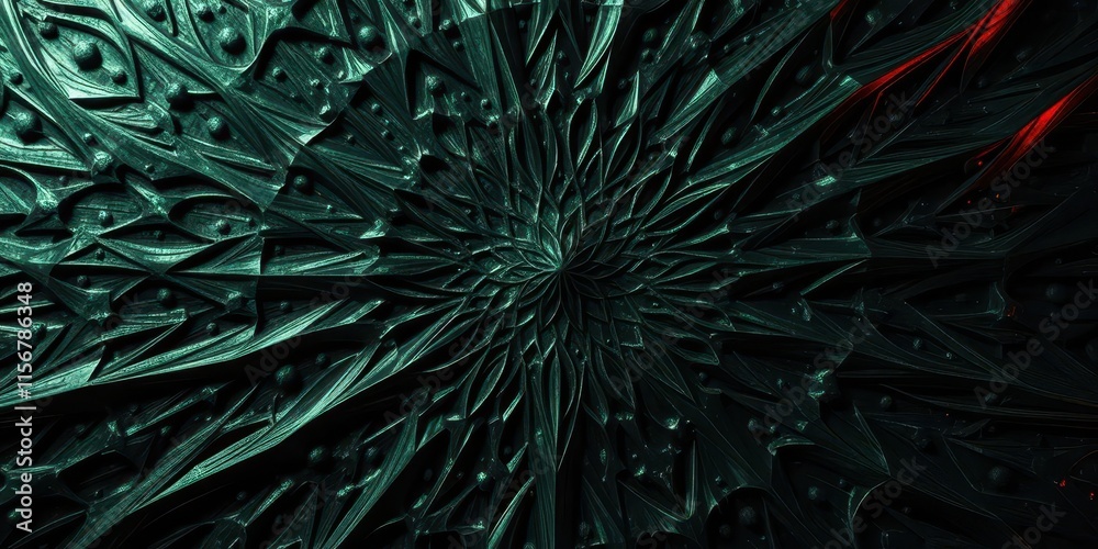 Fototapeta premium Intricate dark green and black metallic fractal pattern, sharp angles, technological textures, background, texture