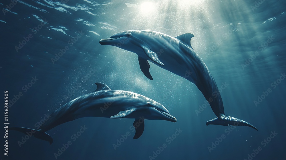 Fototapeta premium A pair of dolphins leaping together under a glowing New Year moon