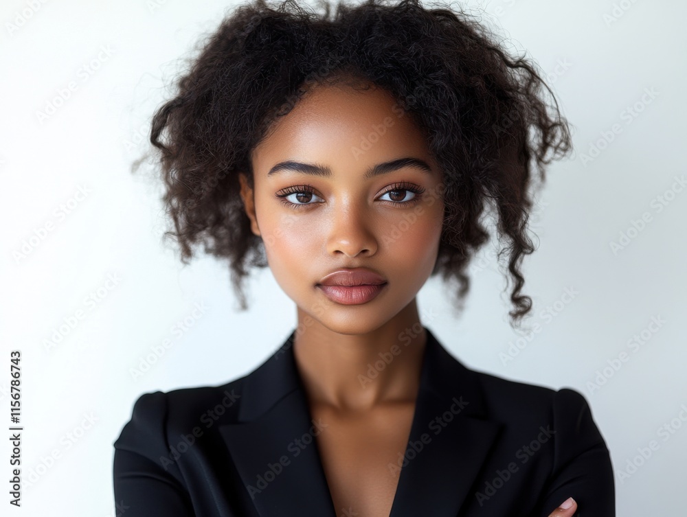Portrait of a confident business woman in a black blazer, standing against a light background. Her expression is calm and focused. Portrait of a confident business woman in a black blazer, standing against a light background. Her expression is calm and focused.