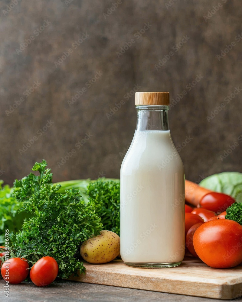 Fresh milk bottle surrounded by fresh vegetables on wooden table kitchen setting lifestyle Fresh milk bottle surrounded by fresh vegetables on wooden table kitchen setting lifestyle