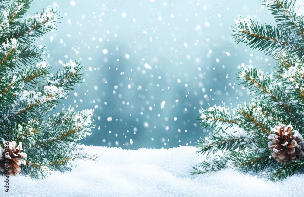 Serene Winter Wonderland Scene with Soft Snowfall, Pine Tree Branches, and Gentle Snow-Covered Ground Creating a Peaceful Holiday Atmosphere Serene Winter Wonderland Scene with Soft Snowfall, Pine Tree Branches, and Gentle Snow-Covered Ground Creating a Peaceful Holiday Atmosphere