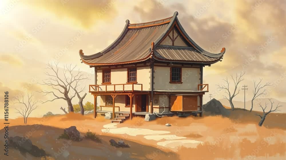 A serene, traditional Asian-style house set in a tranquil landscape with autumn hues. A serene, traditional Asian-style house set in a tranquil landscape with autumn hues.