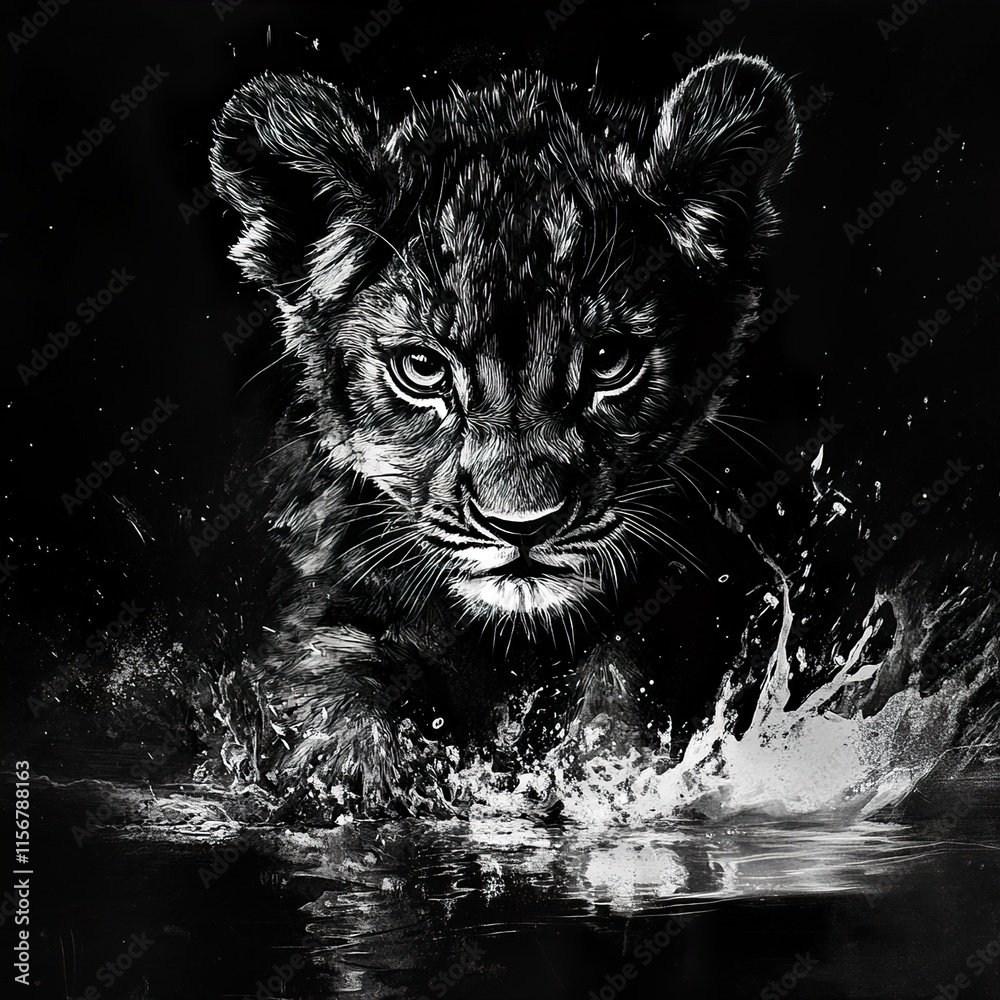 Obraz premium Lion Cub Splash: A Monochrome Masterpiece