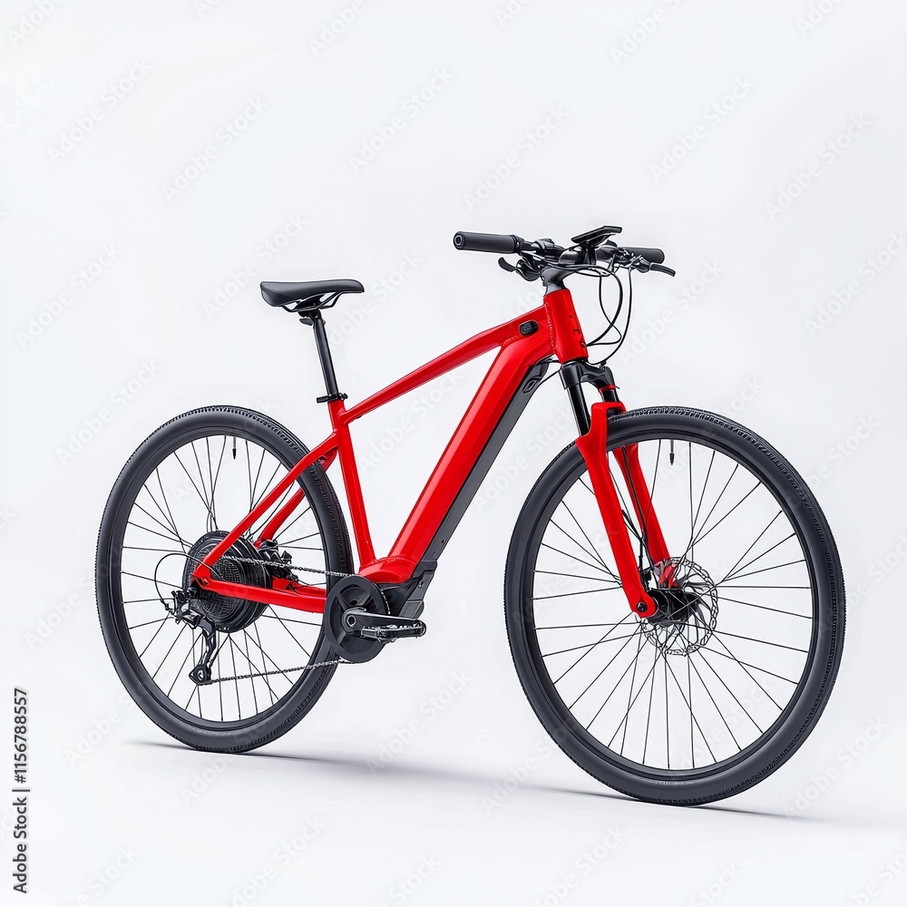 A straightforward red bicycle with a battery for touring, providing an eco-conscious means of transport. A straightforward red bicycle with a battery for touring, providing an eco-conscious means of transport.