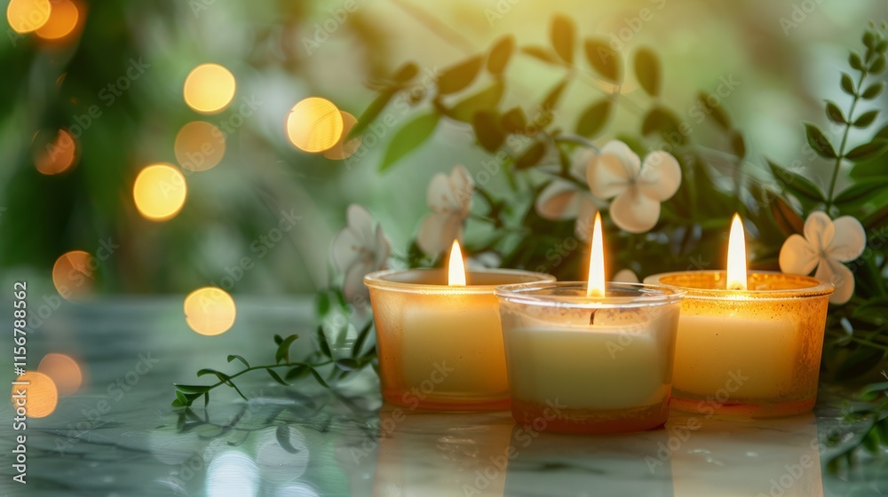Lit candles on a marble surface with a soft-focus background of green foliage and flowers. Lit candles on a marble surface with a soft-focus background of green foliage and flowers.