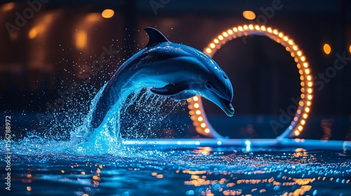 A dolphin jumping through glowing hoops in a New Year water show photo