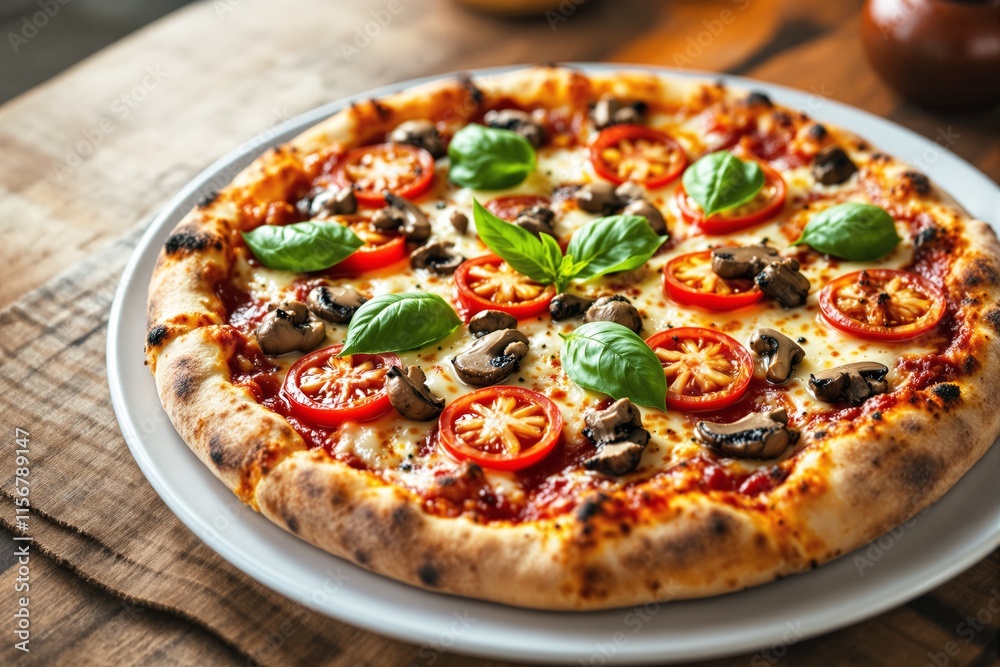 Freshly baked pizza with vibrant basil leaves, mushrooms, and juicy tomato slices on melted cheese. Rustic background. Concept of Italian cuisine. Ai generative Freshly baked pizza with vibrant basil leaves, mushrooms, and juicy tomato slices on melted cheese. Rustic background. Concept of Italian cuisine. Ai generative