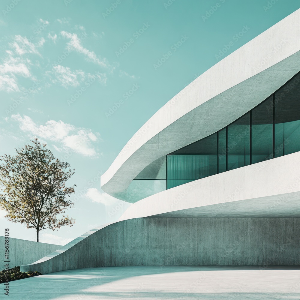 Fototapeta premium Modern, minimalist house exterior with smooth, curved white walls, large glass windows, and a concrete base; tranquil setting with a single tree.