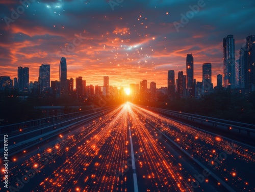 A futuristic cityscape at sunset showcases a highway adorned with glowing, dynamic light effects, set against a skyline silhouette. photo